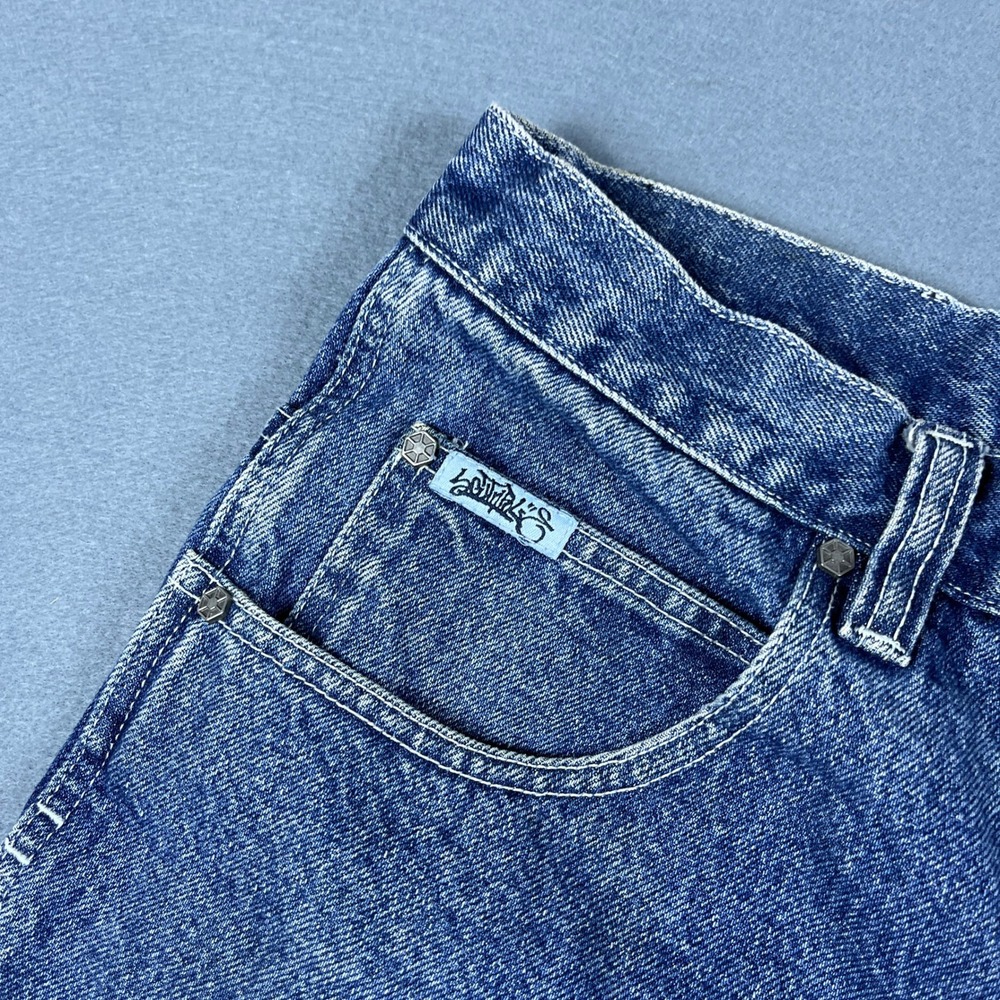 Southpole Mens Vintage Baggy Carpenter Denim Shorts Blue Embroidered Size 34 - Picture 6 of 10
